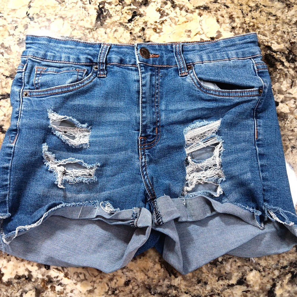 Size 8 Aéopostale Jean Denim Shorts High Rise Stretch Womens Blue Distressed
